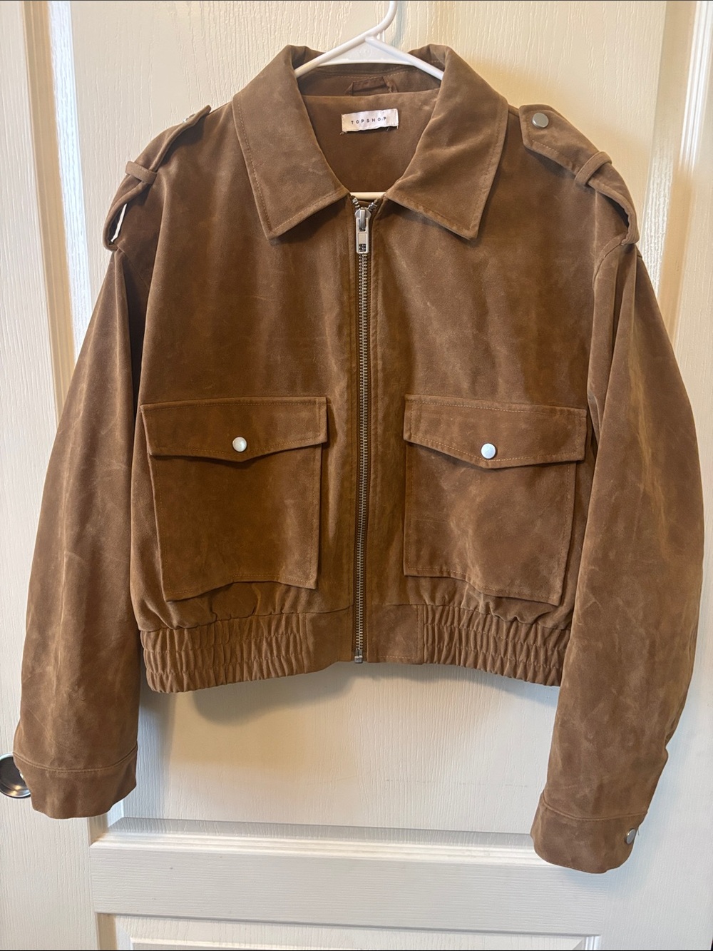 Topshop Camel Faux Suede Cropped Bomber Jacket